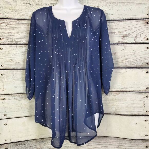 Daniel Rainn Navy Blue Polka Dot Sheer Tunic Top M Long Sleeve Lined - Picture 1 of 8